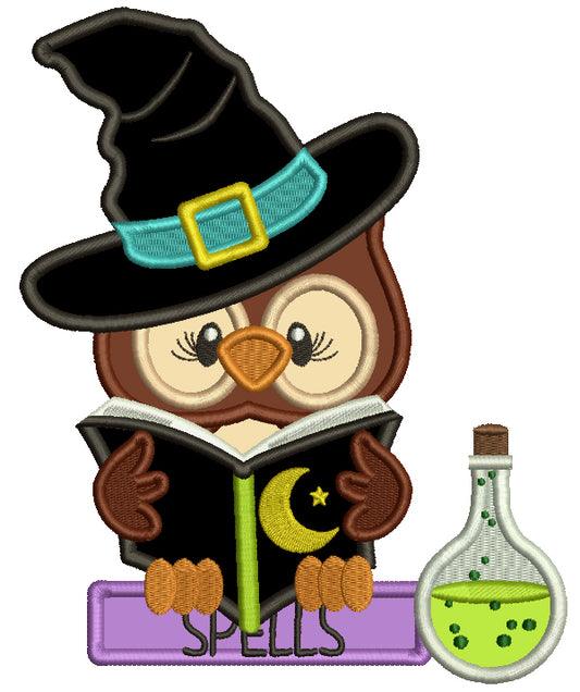 Owl WIzard Reading a Books With Spells Applique Halloween Machine Embroidery Design Digitized Pattern