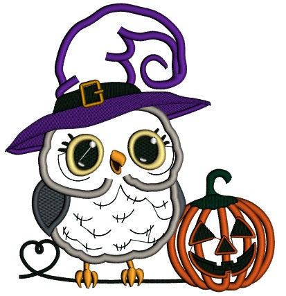 Owl Wearing Witch Hat With Pumpkin Halloween Applique Machine Embroidery Design Digitized Pattern