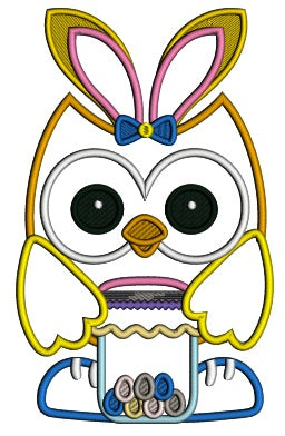 Owl Wearing Bunny Ears Holding Jar With Easter Eggs Applique Machine Embroidery Design Digitized Pattern