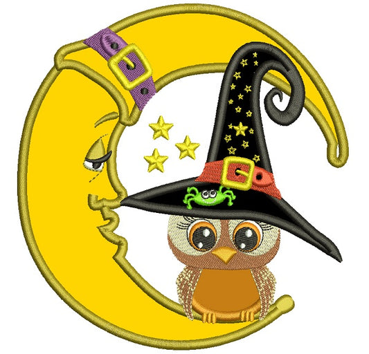 Owl Wearing Witch Hat Sitting On The Moon Halloween Applique Machine Embroidery Design Digitized Pattern