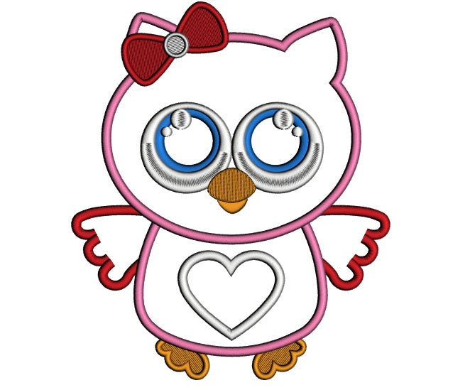 Owl With a Heart and a Big Hair Bow Applique Machine Embroidery Digitized Design Pattern