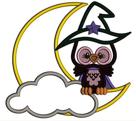 Owl Wizard Wearing Big Hat Sitting On The Moon Halloween Applique Machine Embroidery Design Digitized Pattern