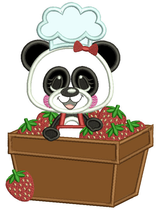 Panda Bear Sitting INside Basket With Strawberries Applique Machine Embroidery Design Digitized Pattern