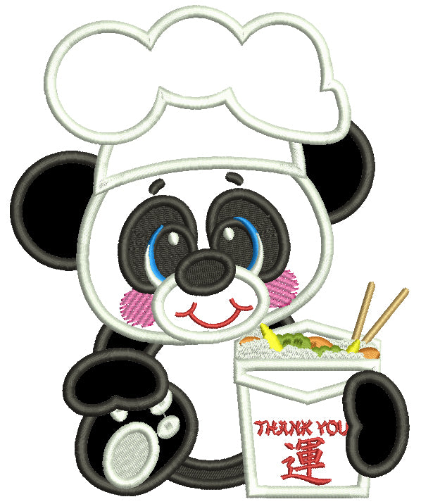 Panda Chef Eating With Chopsticks Applique Machine Embroidery Design Digitized Pattern