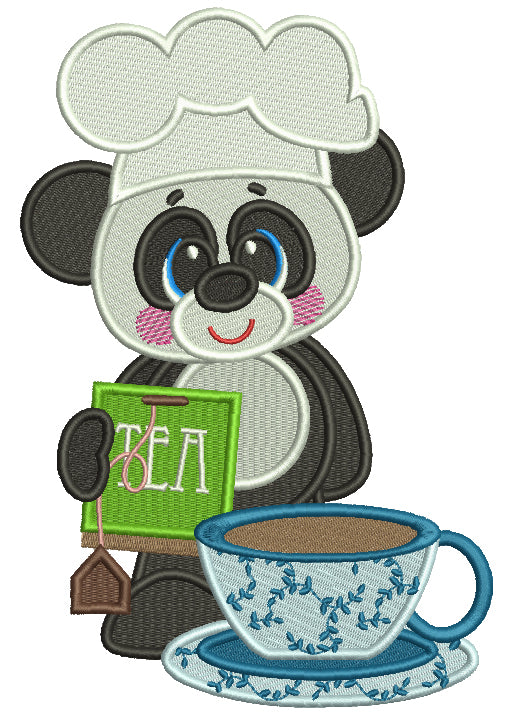 Panda Cook Holding Tea Bag Filled Machine Embroidery Design Digitized Pattern