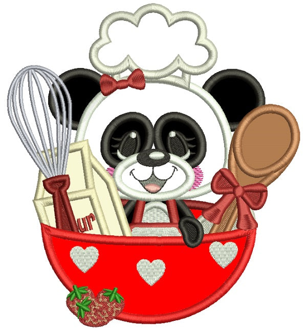 Panda Cook Sitting Inside Kitchen Bowl Applique Machine Embroidery Design Digitized Pattern