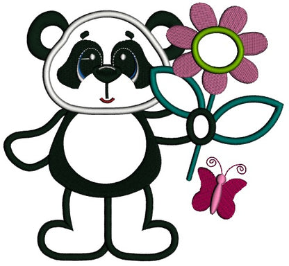 Panda with a Big Flower Applique Machine Embroidery Digitized Design Pattern