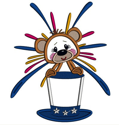 Patriotic Bear Holding Independence Day American Hat Applique Machine Embroidery Design Digitized Pattern
