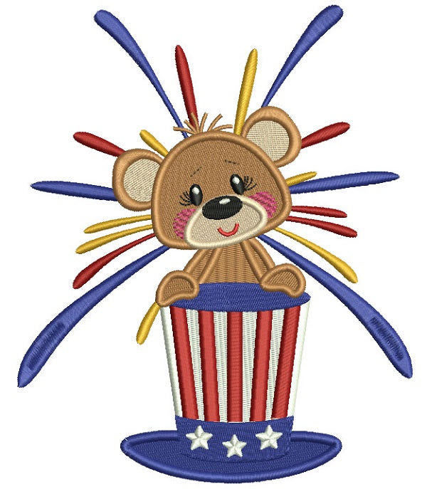 Patriotic Bear Holding Independence Day American Hat Filled Machine Embroidery Design Digitized Pattern
