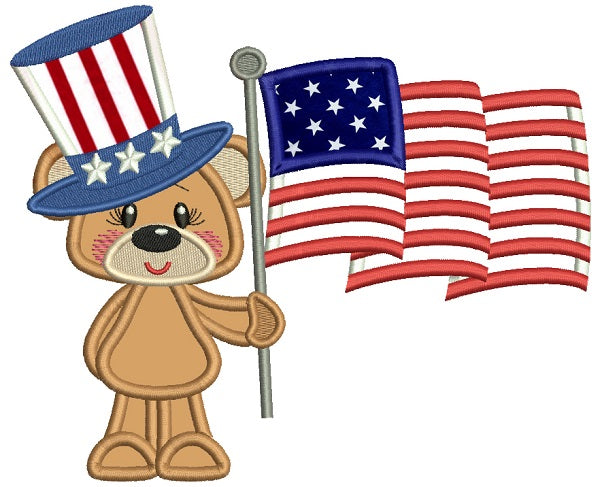 Patriotic Bear With An American Flag Applique Machine Embroidery Design Digitized Pattern