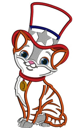 Patriotic Cat Wearing USA Hat Applique Machine Embroidery Design Digitized Pattern