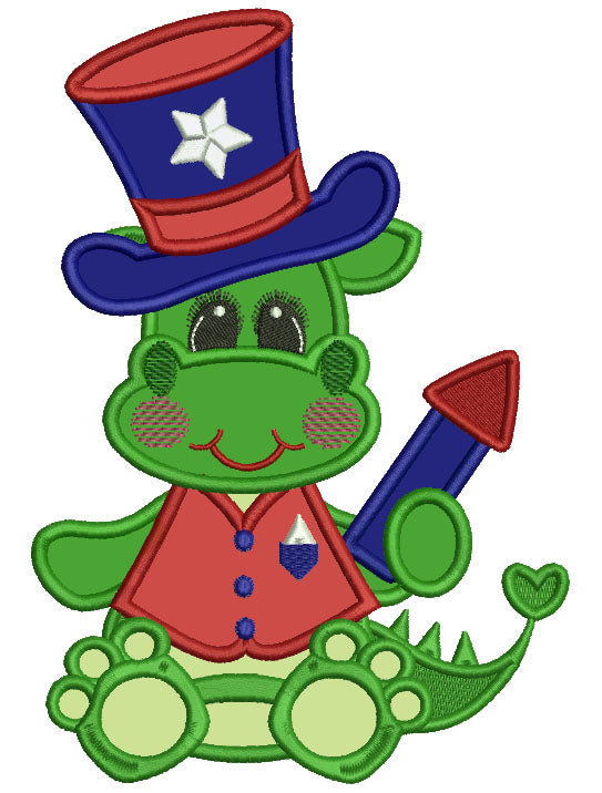 Patriotic Dino Wearing a Hat Applique Machine Embroidery Design Digitized Pattern