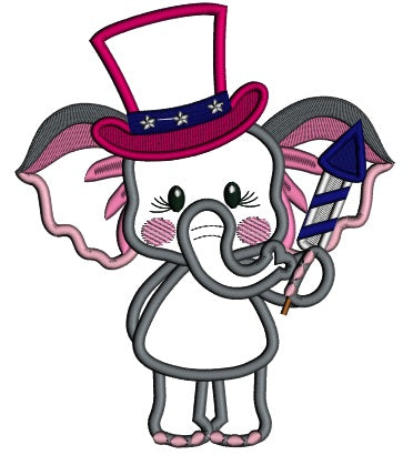 Patriotic Elephant Holding Firecracker Applique Machine Embroidery Design Digitized Pattern