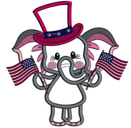 Patriotic Elephant Holding USA Flags Applique Machine Embroidery Design Digitized Pattern