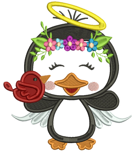 Penguin Angel Holding a BIrd Applique Christmas Machine Embroidery Design Digitized Pattern