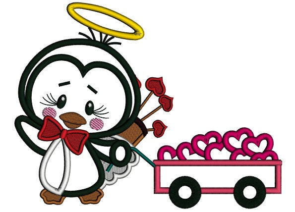 Penguin Angel With Wagon Full Of Hearts Applique Machine Embroidery Design Digitized Pattern