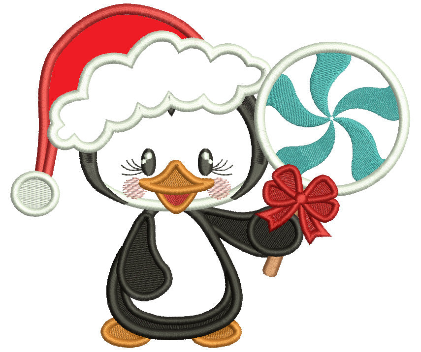 Penguin Boy Holding a Big Lollypop Christmas Applique Machine Embroidery Design Digitized Pattern Filled Machine Embroidery Design Digitized Pattern