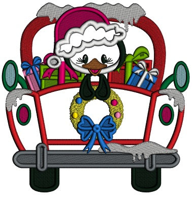 Penguin In The Back Of The Truck With Presents Christmas Applique Machine Embroidery Design Digitized Pattern Filled Machine Embroidery Design Digitized Pattern
