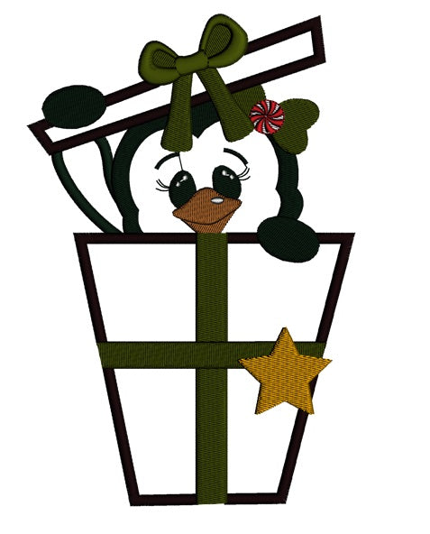 Penguin Present Box Christmas Applique Machine Embroidery Digitized Design Pattern