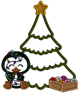Penguin With Lights And Christmas Tree Applique Machine Embroidery Design Digitized Pattern
