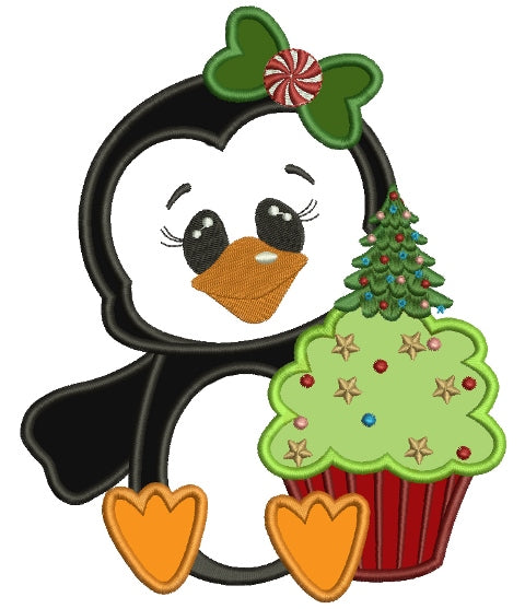 Penguin with Christmas cupcake Applique Machine Embroidery Digitized Design Pattern