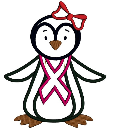 Penguin Wearing Breast Cancer Awareness Ribbon Applique Machine Embroidery Design Digitized Pattern