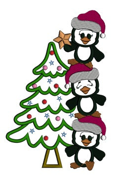 Penguins With Christmas Tree Applique Machine Embroidery Digitized Design Pattern