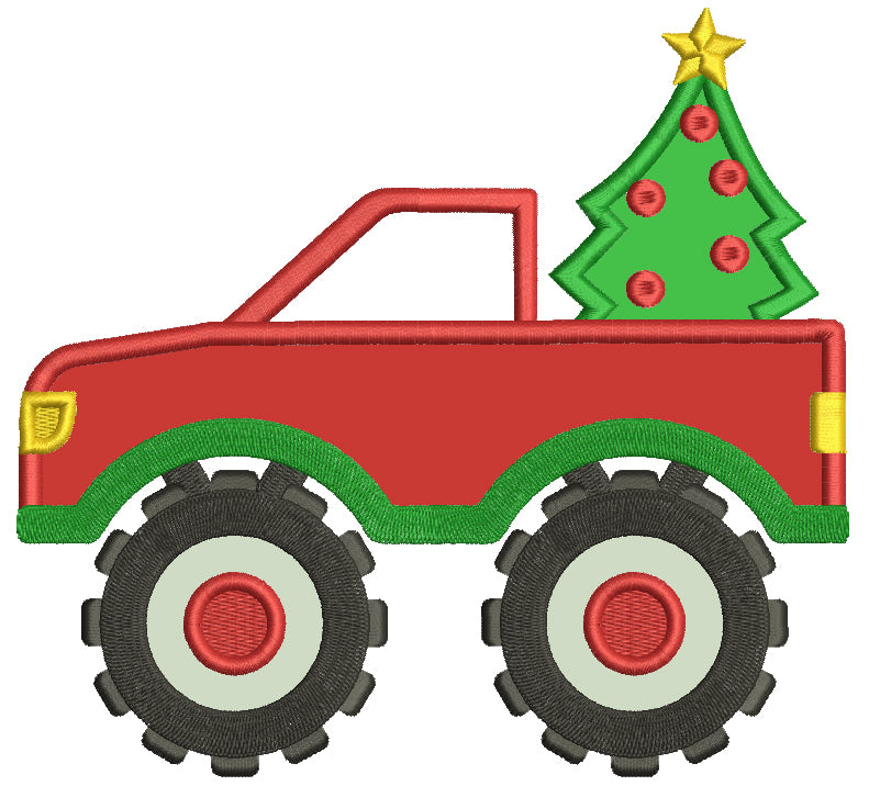 Pick Up Truck With Huge Wheels And Christmas Tree Applique Machine Embroidery Design Digitized Pattern