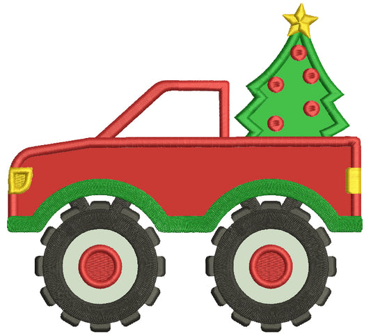Pick Up Truck With Huge Wheels And Christmas Tree Applique Machine Embroidery Design Digitized Pattern