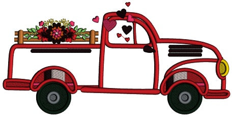 Pickup Truck With Flowers And Hearts Valentine's Day Applique Machine Embroidery Design Digitized Pattern