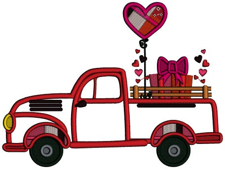 Pickup Truck With Hearts Shaped Balloon Valentine's Day Applique Machine Embroidery Design Digitized Pattern