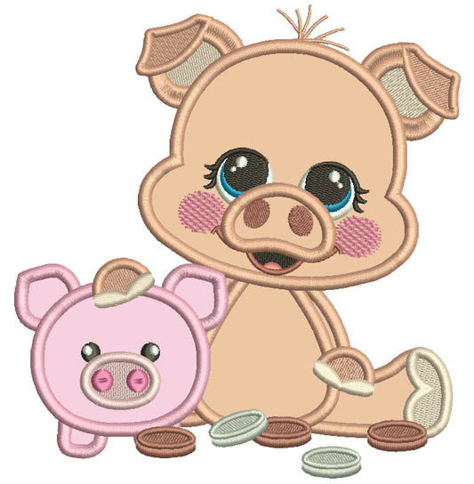 Pig Saver With Pennies Applique Machine Embroidery Design Digitized Pattern