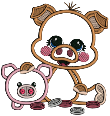 Pig Saver With Pennies Applique Machine Embroidery Design Digitized Pattern