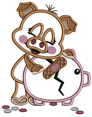 Piggy Hugging Broken Piggy Bank Applique Machine Embroidery Design Digitized Pattern