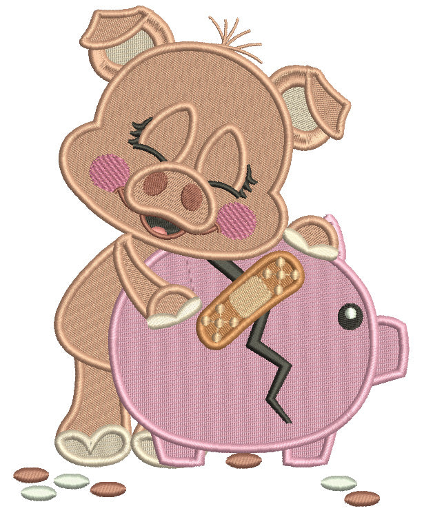 Piggy Hugging Broken Piggy Bank Filled Machine Embroidery Design Digitized Pattern