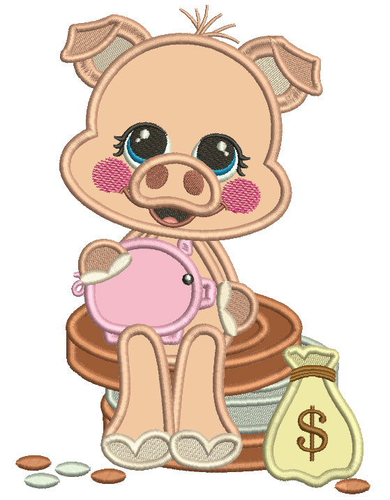 Piggy Sitting On Coins Applique Machine Embroidery Design Digitized Pattern