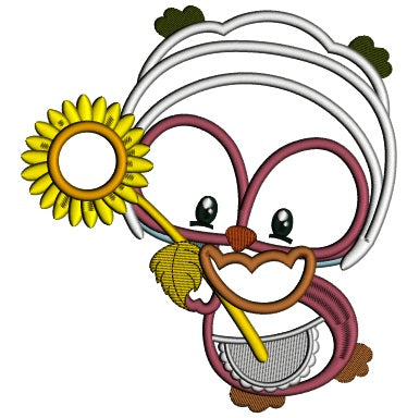 Pilgrim Owl Girl With Sunflower Thanksgiving Applique Machine Embroidery Digitized Design Pattern