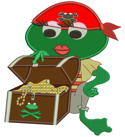 Pirate Girl Frog With a Treasure Chest Applique Machine Embroidery Digitized Design Pattern