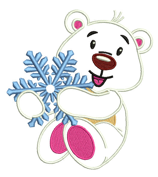 Polar Bear Holding A Snowflake Christmas Applique Machine Embroidery Design Digitized Pattern