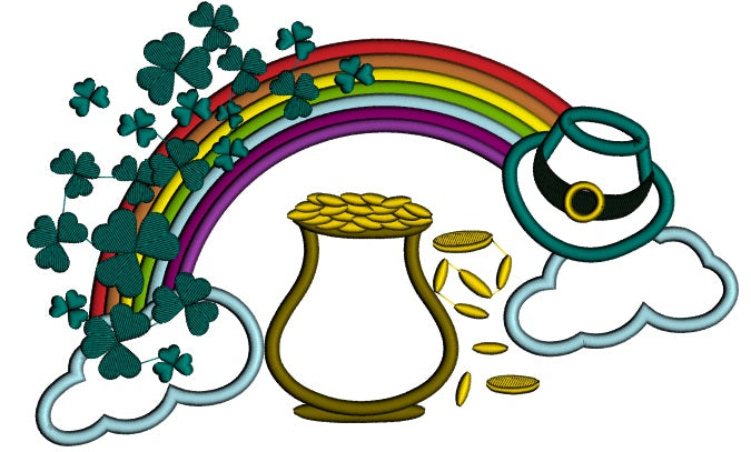 Pot Of Gold And Rainbow Applique St. Patrick's Day Machine Embroidery Design Digitized Pattern