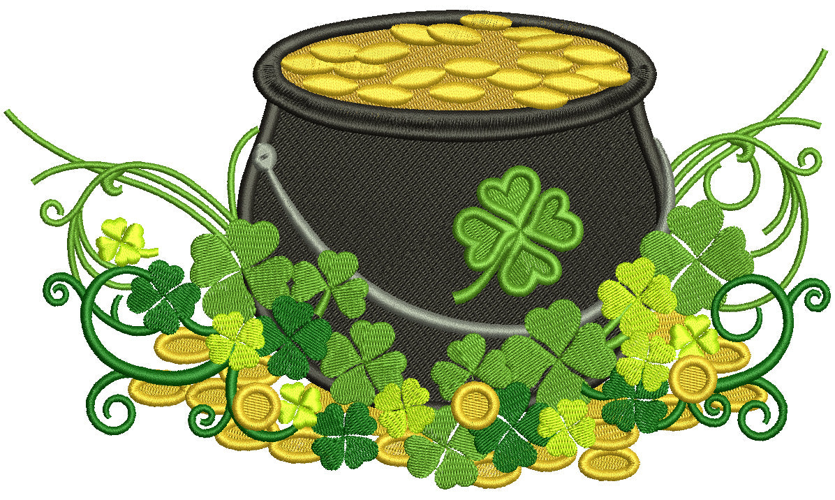 Pot of Gold With Shamrocks St.Patricks Day Filled Machine Embroidery Design Digitized Pattern