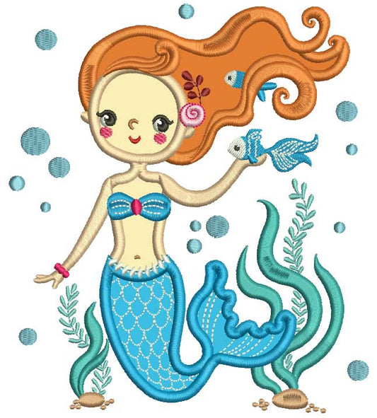 Pretty Mermaid Holding a Fish Applique Machine Embroidery Design Digitized Pattern