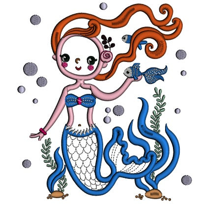 Pretty Mermaid Holding a Fish Applique Machine Embroidery Design Digitized Pattern