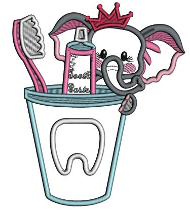 Princess Elephant Brushing Teeth Applique Machine Embroidery Design Digitized Pattern