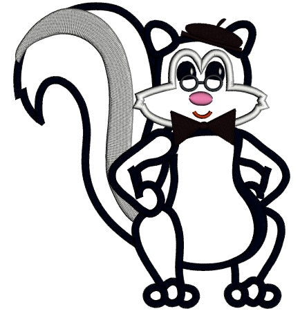 Professor Skunk with a Bow Tie Applique Machine Embroidery Digitized Design Pattern
