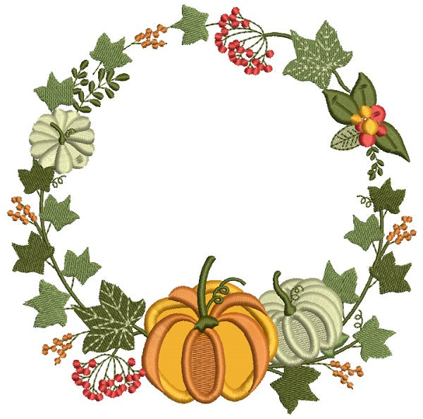 Pumpkin And Fall Leaves Wreath Thanksgiving Applique Machine Embroidery Design Digitized Pattern