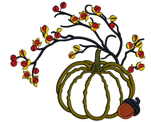 Pumpkin Eggcorn And Tree Branches Fall Applique Machine Embroidery Design Digitized Pattern