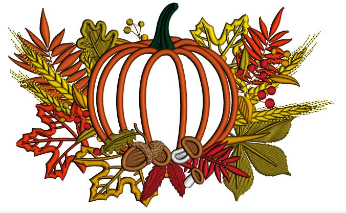 Pumpkin Floral Cornucopia Thanksgiving Applique Machine Embroidery Design Digitized Pattern