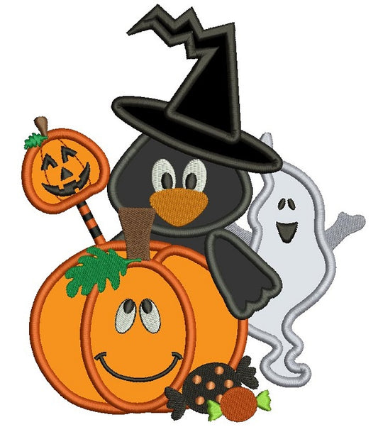 Pumpkin Ghost and Crow Halloween Applique Machine Embroidery Design Digitized Pattern