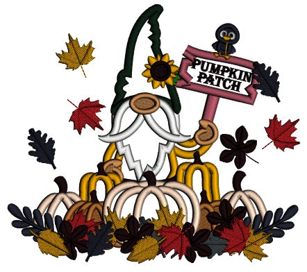 Pumpkin Patch Gnome With Fall Leaves Applique Machine Embroidery Design Digitized Pattern